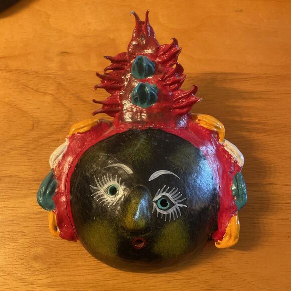 Vintage Hand Painted Mexican Folk Art Coconut Shell Mask Lady Spiky Hair - Picture 1 of 9